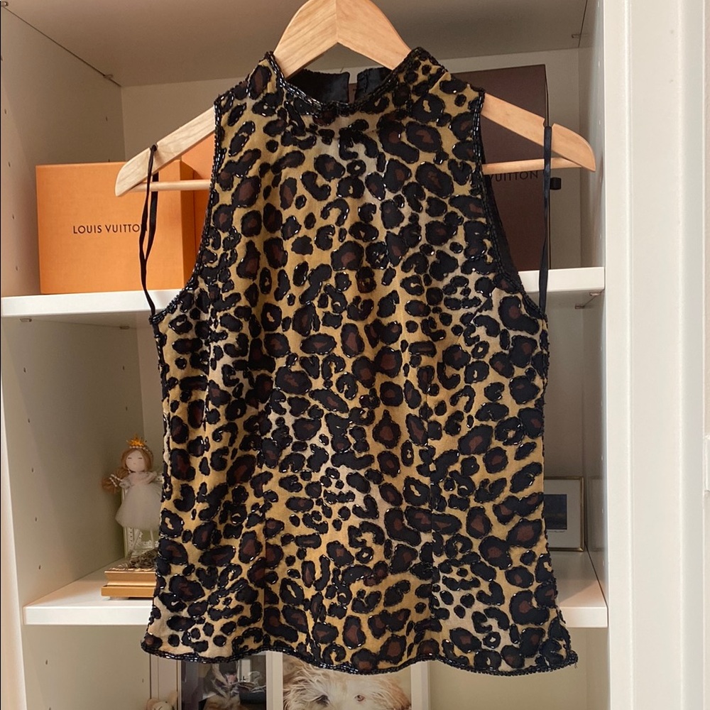 Chic Black and Tan Leopard Print Sleeveless Tank. Glamorous !  Size S. Like NEW!